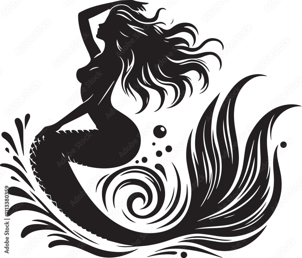 Mermaid Black and white silhouette in a vector farm Mermaid Black and white silhouette in a vector farm