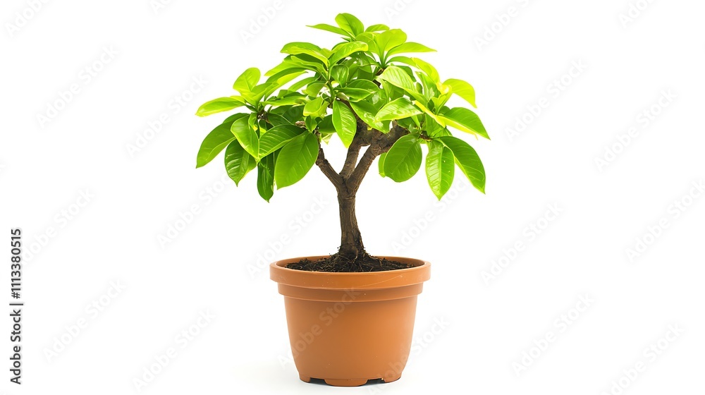 Fototapeta premium Lush Green Bonsai Tree in Brown Pot Isolated on White Background