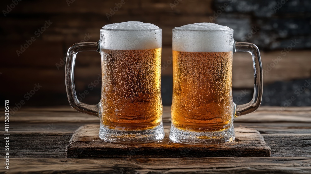 Two Frosty Beers on Wooden Table Two Frosty Beers on Wooden Table