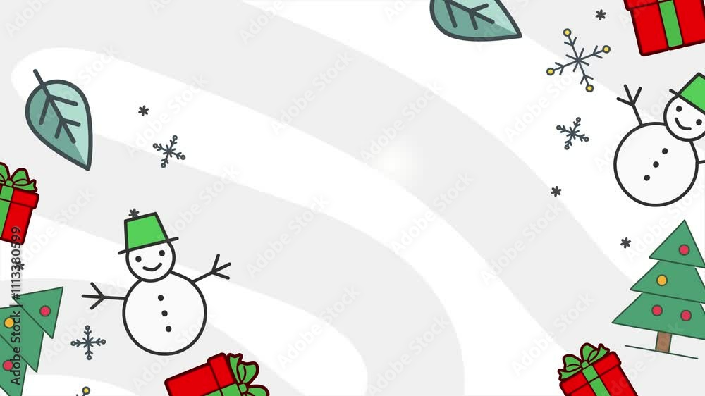 festive design christmas-themed with snowman ornaments and holiday gifts on white background seamless 4k video background motion pop art design