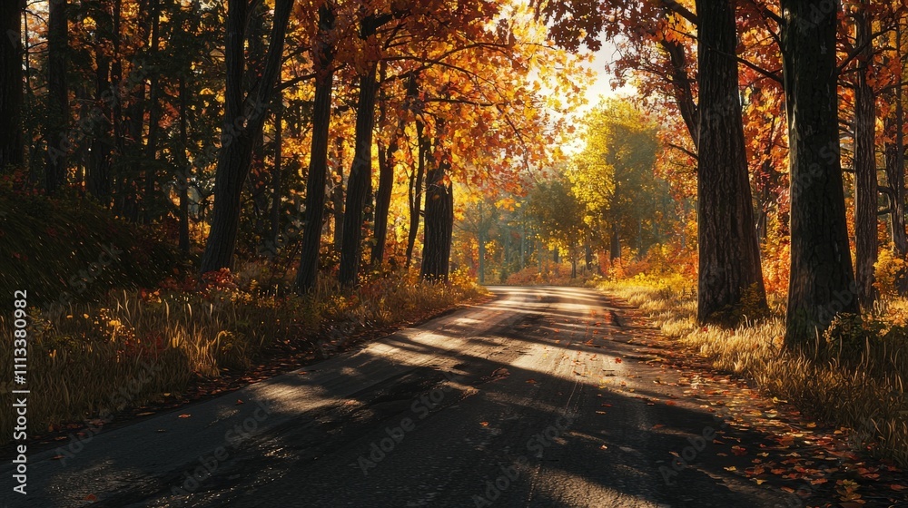 Obraz premium Winding forest road at golden hour autumn landscape nature photography peaceful environment scenic viewpoint serenity concept