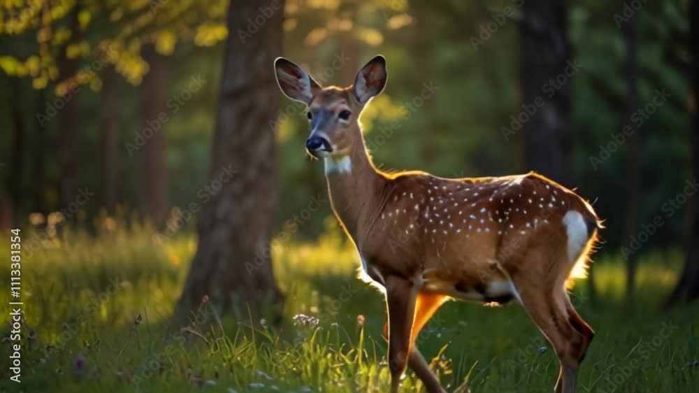 Animation of Doe in Meadow. Doe standing peacefully in a forest clearing, its fur glowing in the sunlight. Tranquil motion. Animation of Doe in Meadow. Doe standing peacefully in a forest clearing, its fur glowing in the sunlight. Tranquil motion.