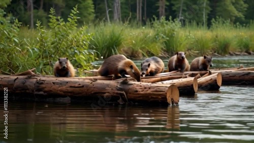 Animation of Beavers Building a Lodge. Beavers gathering branches and constructing a lodge by the river. Realistic motion. photo