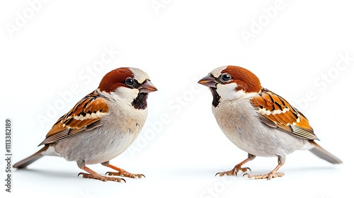 Two Eurasian Tree Sparrows Facing Each Other on White Background