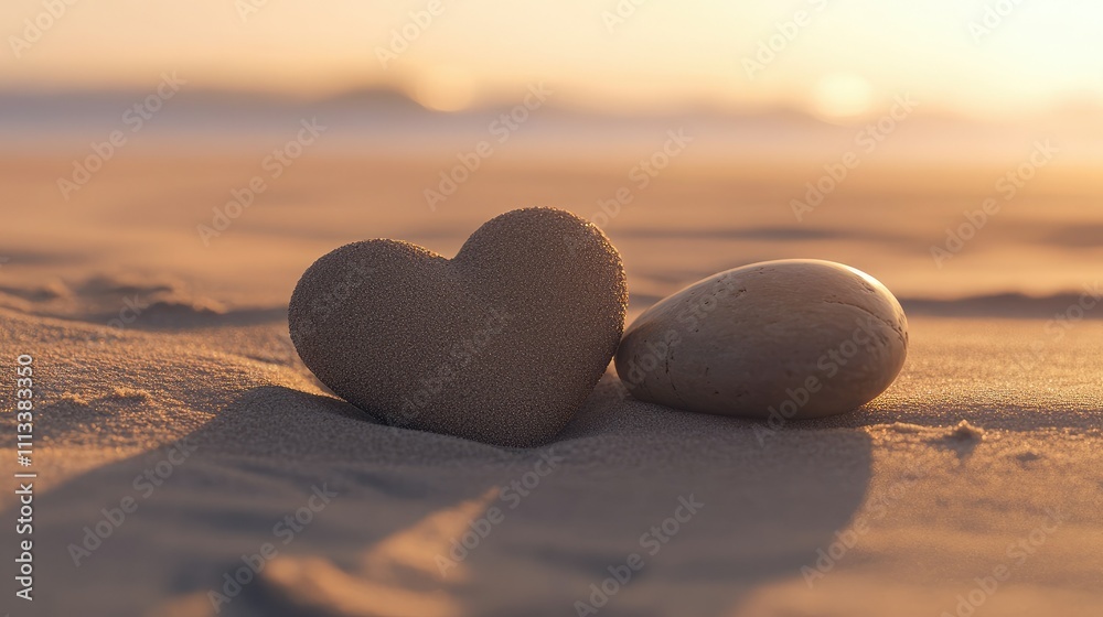 Fototapeta premium A romantic heart traced in sand with a smooth pebble in the center, set against the backdrop of a peaceful beach and soft sunlight.