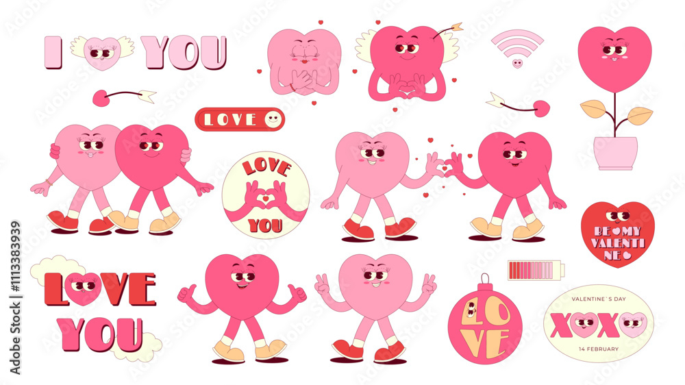 Retro groovy stickers set for Happy Valentines Day. Lovely and funky characters in shape of heart in trendy retro 60s 70s style. Love elements on transparent background Retro groovy stickers set for Happy Valentines Day. Lovely and funky characters in shape of heart in trendy retro 60s 70s style. Love elements on transparent background