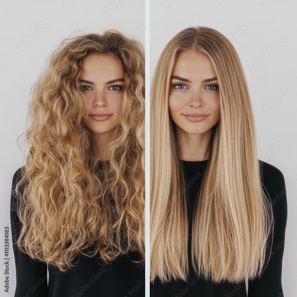 A before and after photo of a hair treatment with straightening, showing the transformation from frizzy to smooth, long ultra Blonde hair. A before and after photo of a hair treatment with straightening, showing the transformation from frizzy to smooth, long ultra Blonde hair.