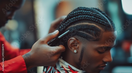 A Black man is getting his hair braided in an urban salon, with the stylist focused on carefully creating a box braid pattern and hairstyle. photo