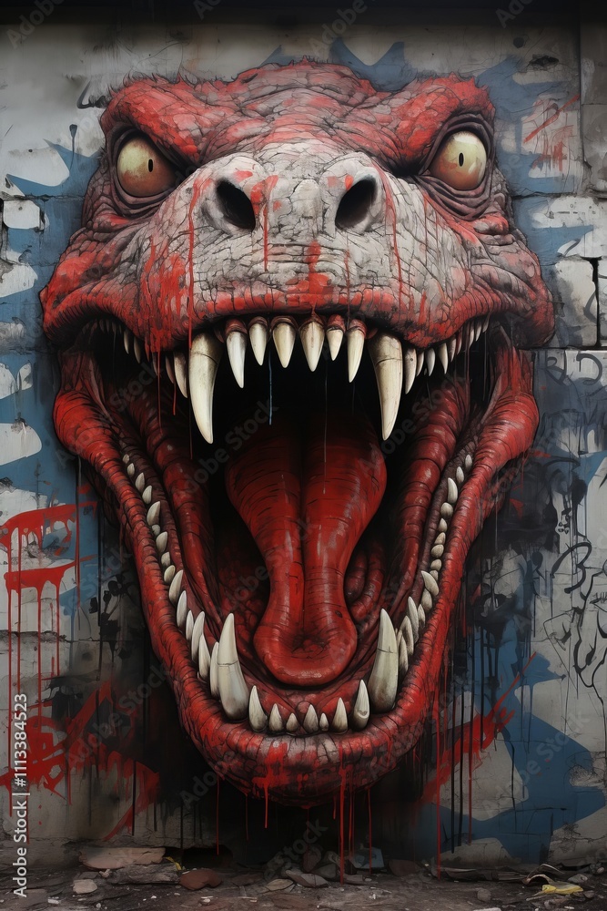 Fototapeta premium 壁に描かれた落書き風の恐竜の顔,Generative AI AI画像