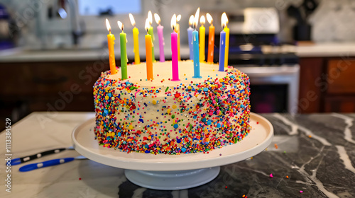 Birthday Cake with Colorful Sprinkles: A cake with colorful sprinkles and twenty-one birthday candles. photo