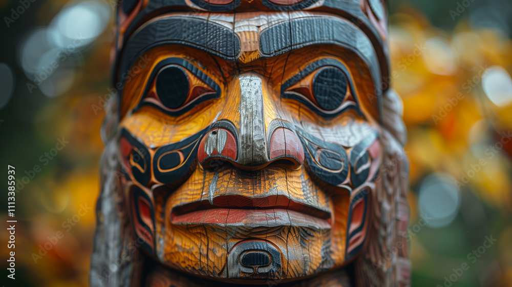 Traditional Totem Pole Close-Up with Intricate Details and Vibrant Colors Traditional Totem Pole Close-Up with Intricate Details and Vibrant Colors