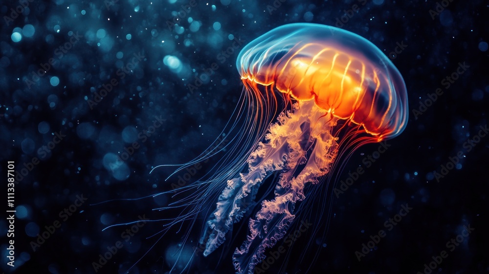 A glowing electric jellyfish floating in a dark ocean. A glowing electric jellyfish floating in a dark ocean.