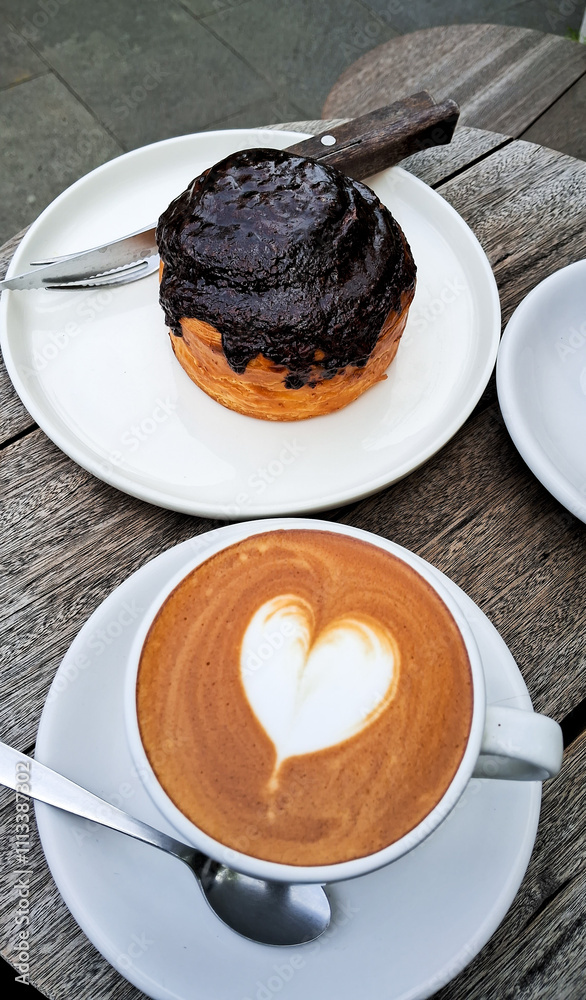Cappuccino and chocolate croissant for coffee break Cappuccino and chocolate croissant for coffee break