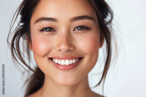 Young woman smiling in studio portrait over white background.