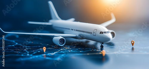 Airplane model on digital network map concept