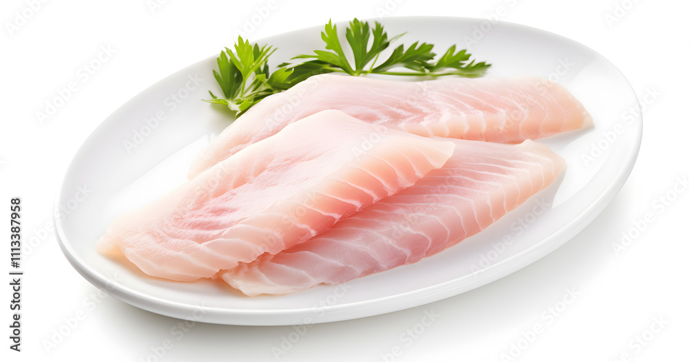 Fresh fish fillets on a white plate with green herbs ready for cooking or preparation in a home kitchen setting Fresh fish fillets on a white plate with green herbs ready for cooking or preparation in a home kitchen setting