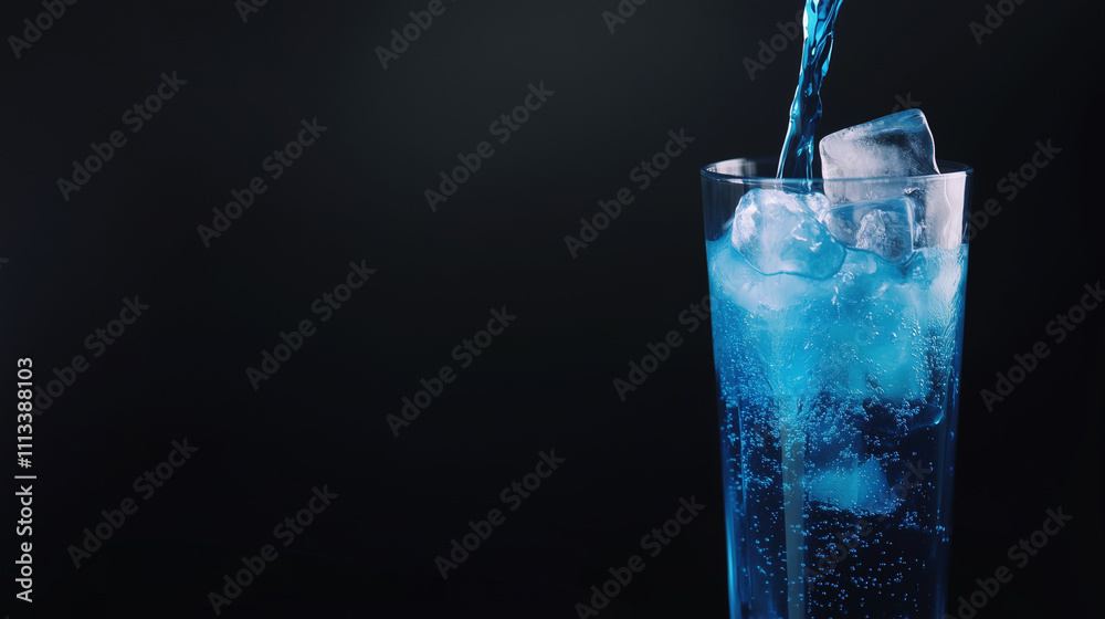 pouring blue soda in a glass against a black background with copy space pouring blue soda in a glass against a black background with copy space