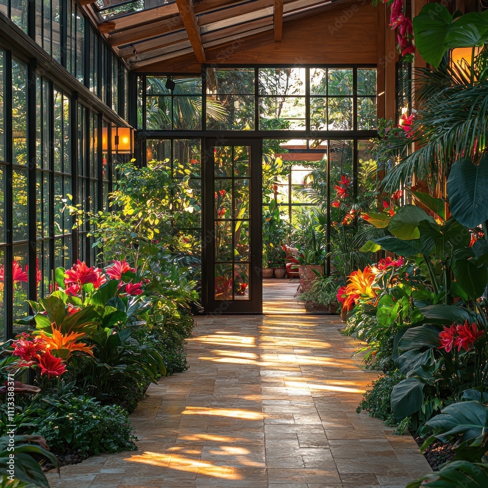 A serene greenhouse filled with vibrant flowers and lush greenery, inviting tranquility. A serene greenhouse filled with vibrant flowers and lush greenery, inviting tranquility.