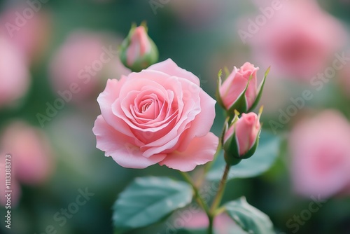 Close-up of a blooming light pink rose with buds.