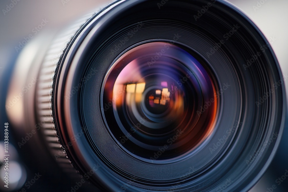 Close-up of a camera lens reflecting a blurry cityscape. Close-up of a camera lens reflecting a blurry cityscape.