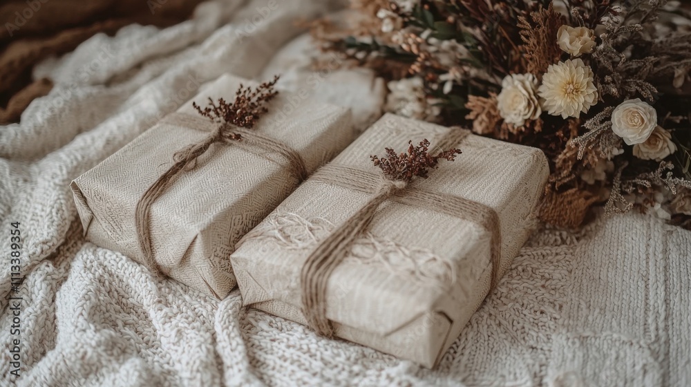 Obraz premium ฺBoho Christmas Minimalist Concept Wrapped gifts with dried flowers on a cozy textured background.