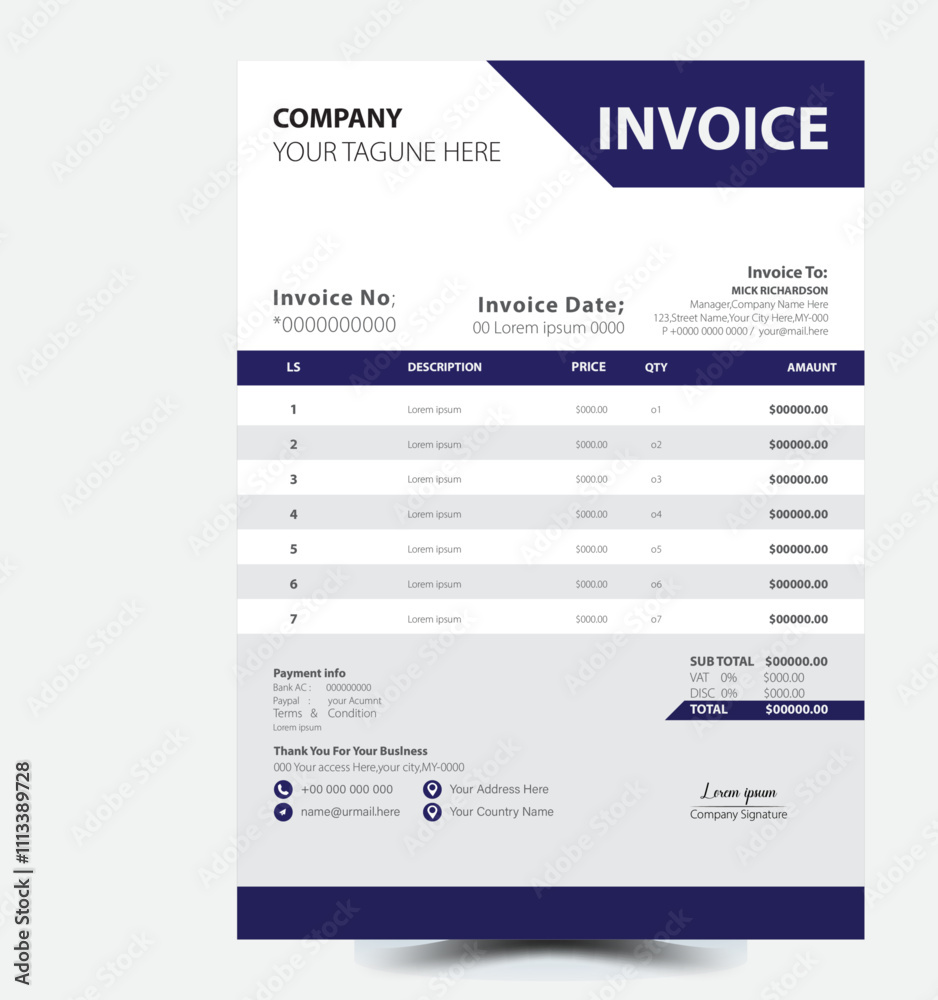 Professional business invoice Vector template design Professional business invoice Vector template design