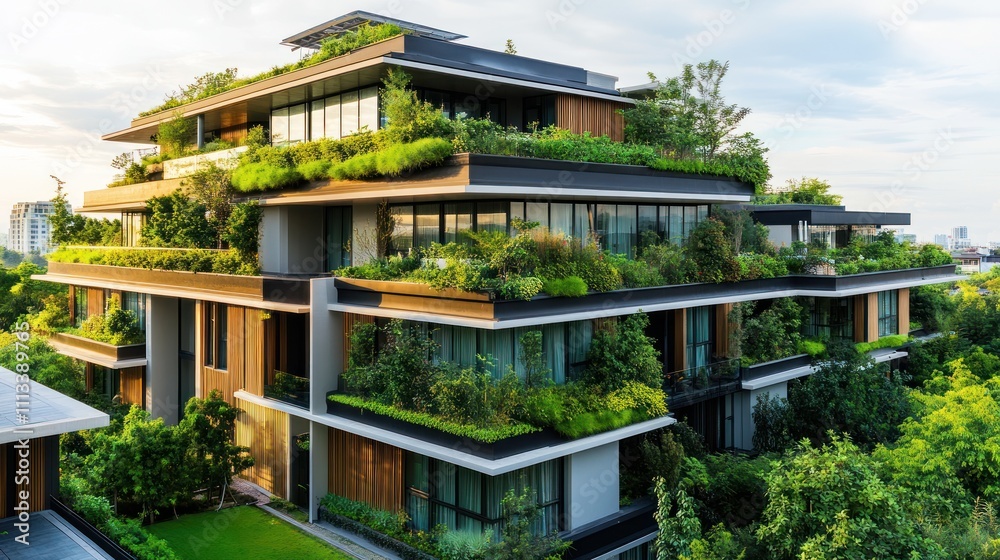 Modern eco-friendly building with lush greenery Modern eco-friendly building with lush greenery