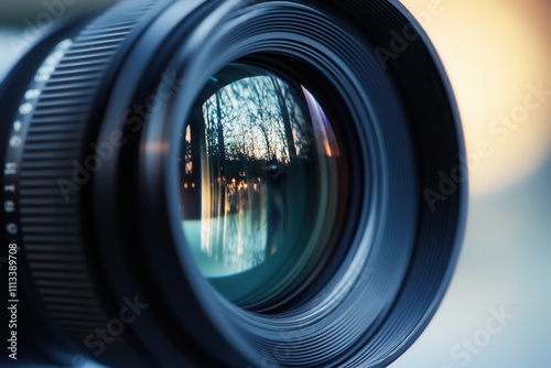 Close-up of a camera lens reflecting a sunset landscape. photo