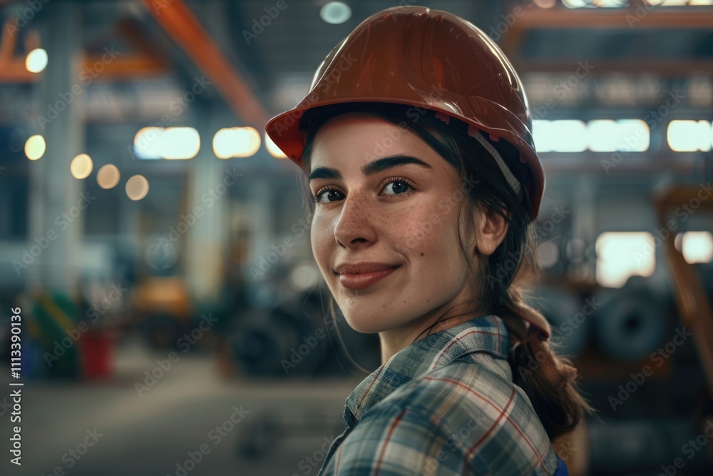 Happy woman in hardhat poses confidently in workshop copy space. Happy woman in hardhat poses confidently in workshop copy space.