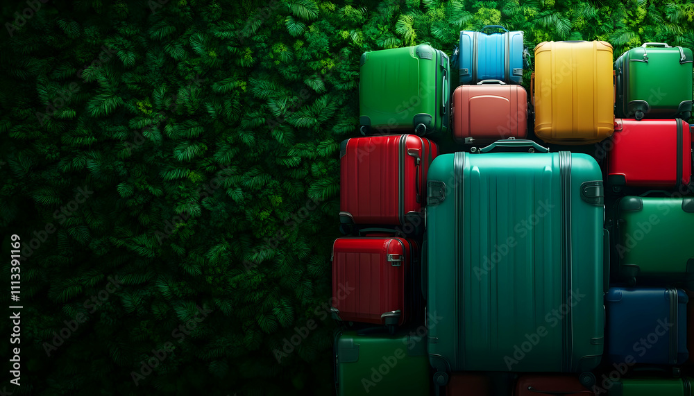Fototapeta premium Colorful luggage arranged on green background.