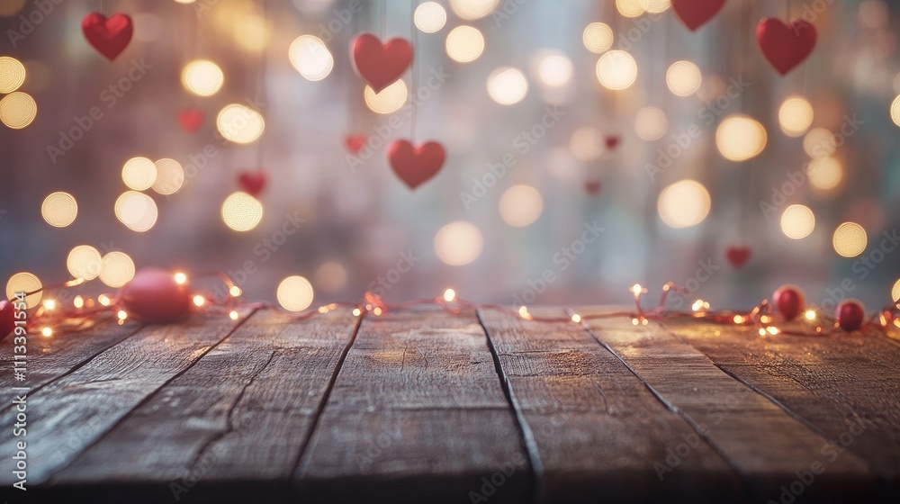 Rustic wooden table foreground with a dreamy Valentine's Day backdrop of red hearts, fairy lights, and soft pastel hues. Rustic wooden table foreground with a dreamy Valentine's Day backdrop of red hearts, fairy lights, and soft pastel hues.