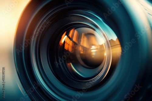 Close-up of a camera lens with blurred background reflection. photo