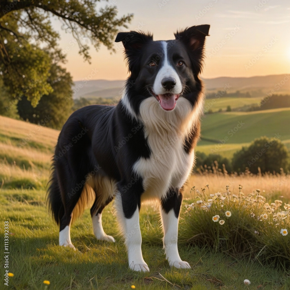 This image depicts a friendly and attentive border collie standing in a lush, picturesque landscape.