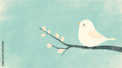 Adorable vintage drawing of bird sitting on tree branch