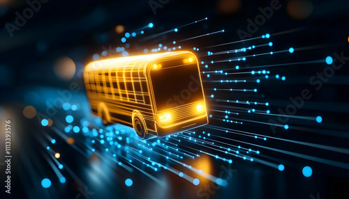 Digital bus moving through bright data stream. photo