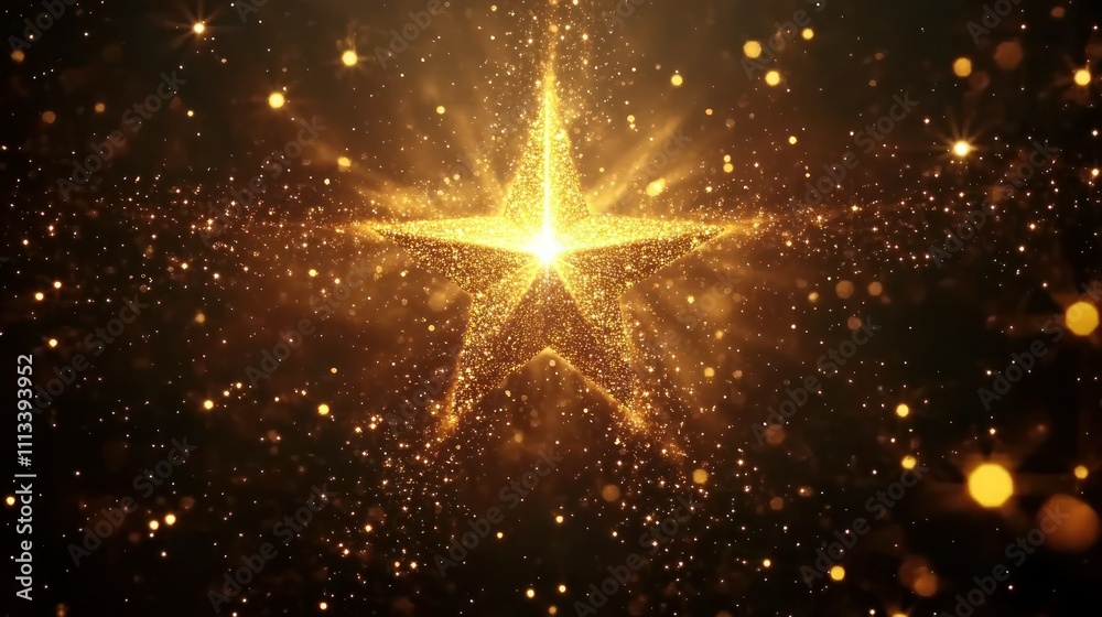 Glittering Golden Star with Sparkling Particles Glittering Golden Star with Sparkling Particles