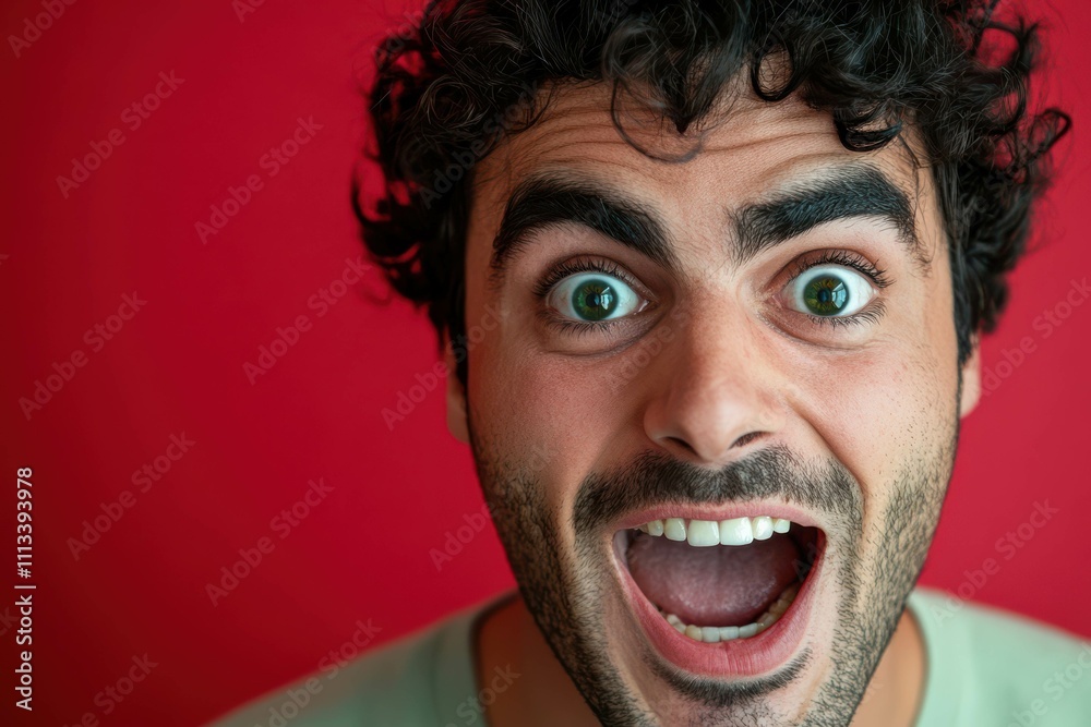 Photo an attractive Lebanese man, tanned skin, deep green eye, mouth open and eyes wide with an expression of shock and joy on their face against a solid red background. Photo an attractive Lebanese man, tanned skin, deep green eye, mouth open and eyes wide with an expression of shock and joy on their face against a solid red background.