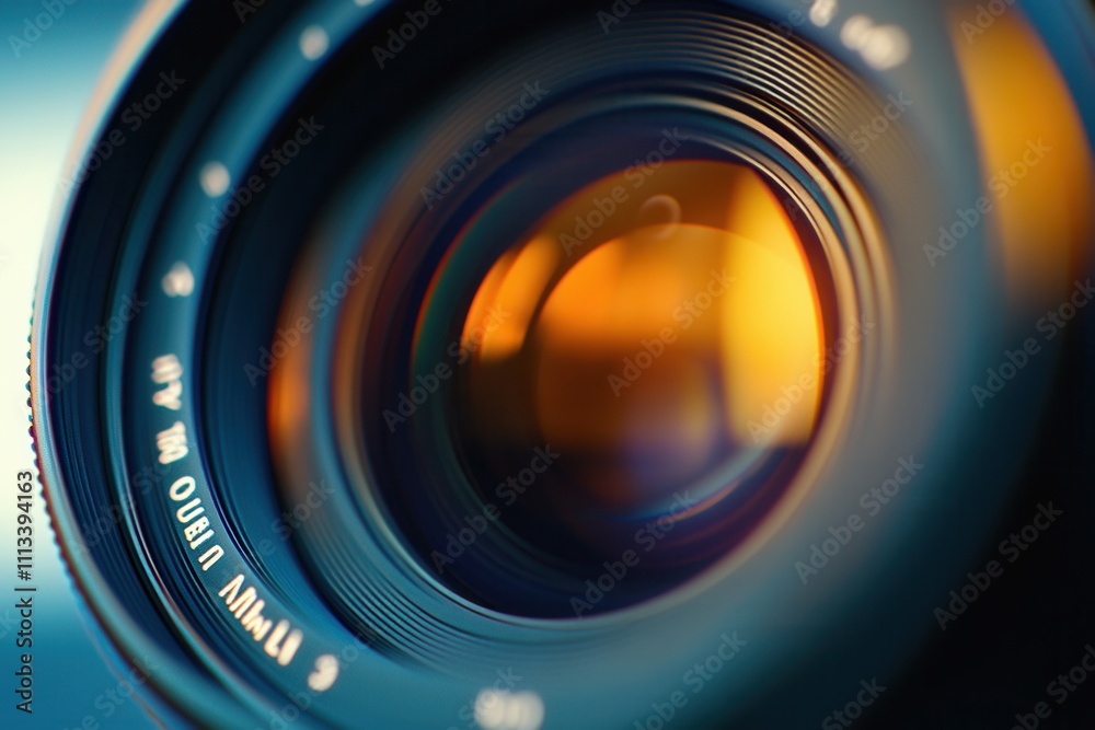 Close-up of a camera lens with warm light reflection.