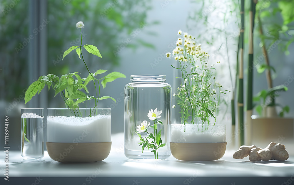 Indoor garden arrangement with fresh herbs and flowers illuminated by soft natural light Indoor garden arrangement with fresh herbs and flowers illuminated by soft natural light