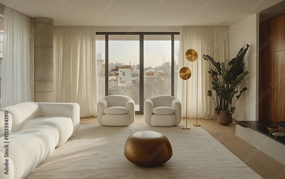 Modern minimalist living room with white furniture, gold accents, and large windows offering a city view. Modern minimalist living room with white furniture, gold accents, and large windows offering a city view.