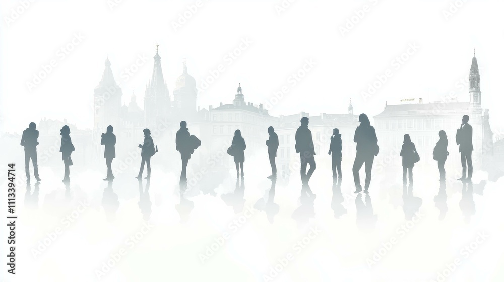 Naklejka premium Silhouettes of people in different positions on a light background. In the background you can see locations of buildings, nature, etc. The silhouettes of people are white or very light