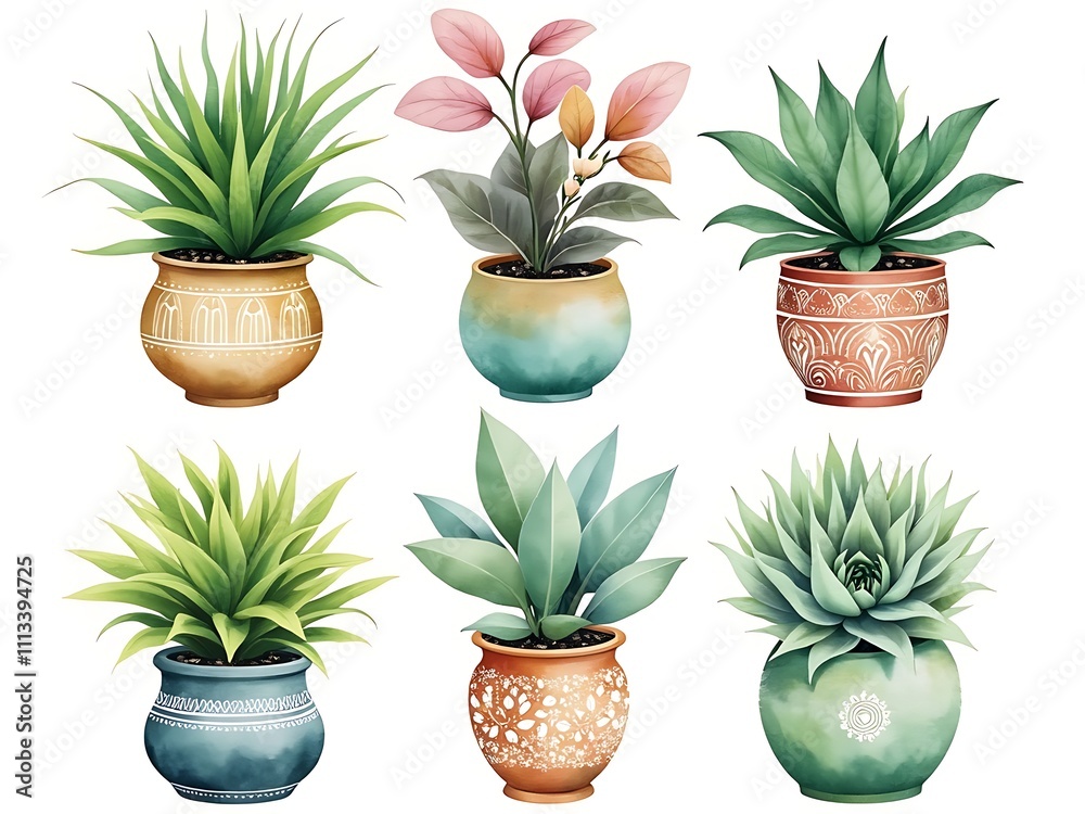 A serene and vibrant watercolor illustration of home plants with pretty pots A serene and vibrant watercolor illustration of home plants with pretty pots