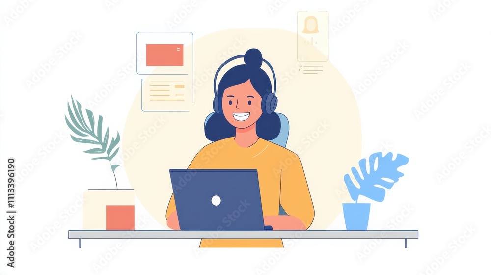 A cheerful customer service agent assisting a client over the phone in a modern call center A cheerful customer service agent assisting a client over the phone in a modern call center