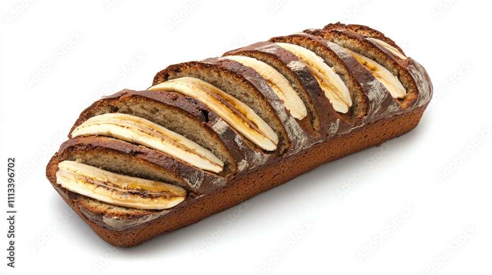 A loaf of banana bread, sliced to reveal its moist texture, homestyle photography, isolated on white background A loaf of banana bread, sliced to reveal its moist texture, homestyle photography, isolated on white background