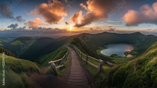 Stunning Mountain Pathway Overlooking a Serene Lake at Sunrise, Surrounded by Vibrant Green Hills and Dramatic Clouds