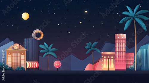 Vibrant casino background with neon lights and palm trees at night photo