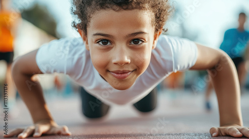 Focused kid doing push ups