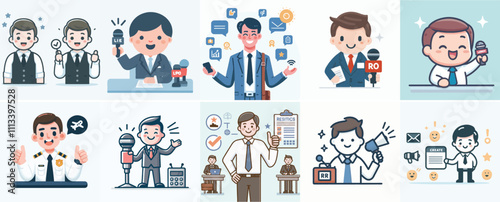 Vector set of a public relations officer who is happy with a simple flat design style