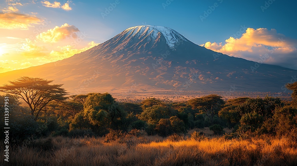 Obraz premium A stunning view of Mount Kilimanjaro in Tanzania, glowing under bright sunlight, no hikers in sight, with a flawless blue sky 