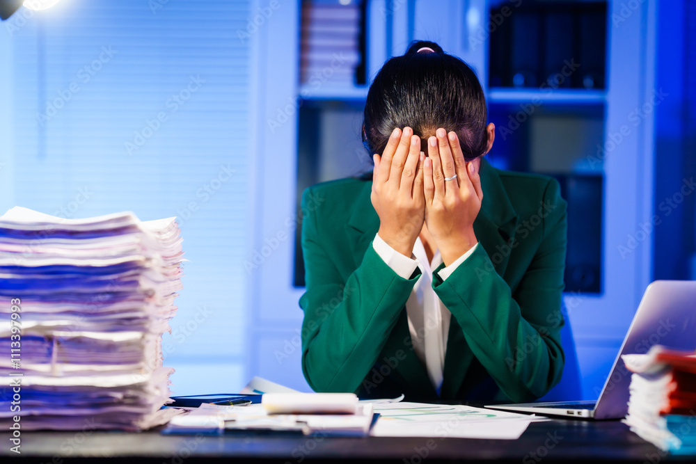 Asian business women often work late into the night, overwhelmed with stress, headaches, and migraines.Sitting for long hours at their desks causes office syndrome,leading to neck,shoulder,back pain Asian business women often work late into the night, overwhelmed with stress, headaches, and migraines.Sitting for long hours at their desks causes office syndrome,leading to neck,shoulder,back pain
